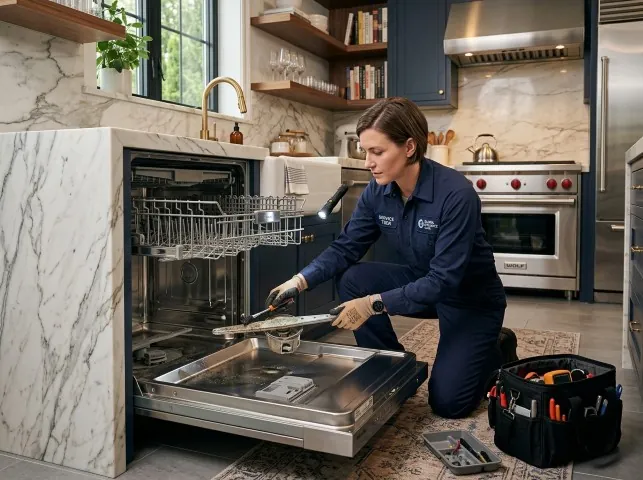Appliance Repair Hero technician servicing a built-in dishwasher in a Beltsville, MD kitchen