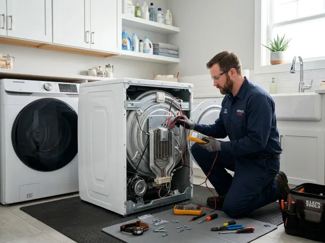 Appliance Repair Hero technician checking a dryer heating element with the rear panel off in Beltsville, MD