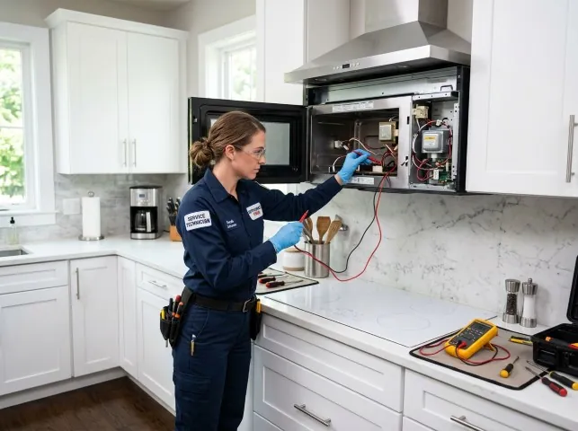 Appliance Repair Hero technician testing an over-the-range microwave in a Beltsville, MD kitchen